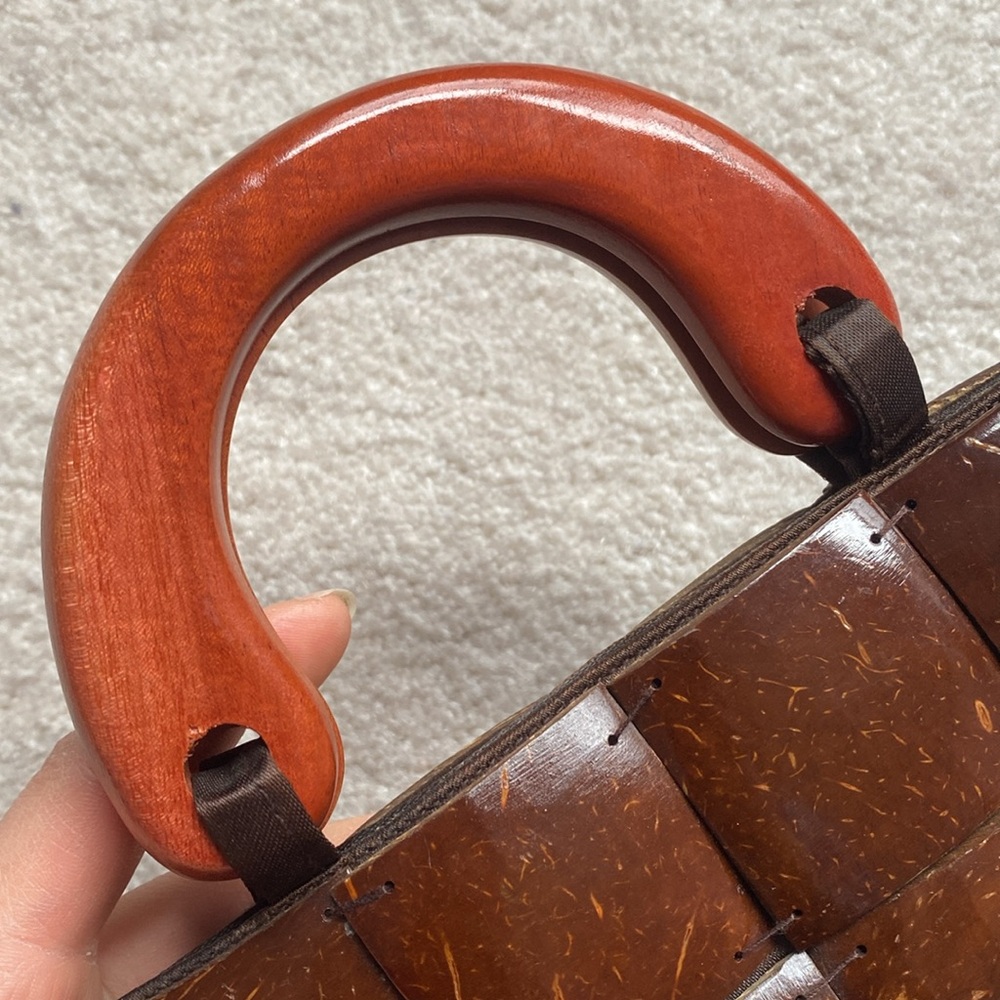 SALE | Handcrafted Coconut Shell Patchwork Handbag Purse Satchel Wooden Handles - Picture 11 of 17